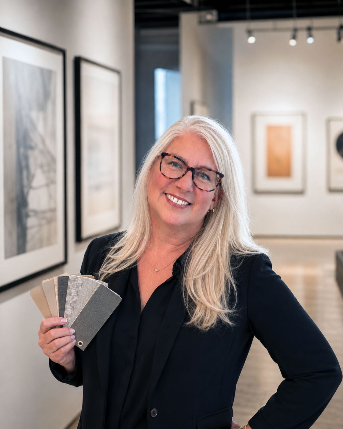 Sandi Wilen smiling in an art gallery, holding a fan of fabric and texture swatches.