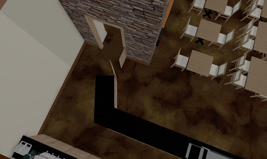 Angled café counter with swing doors