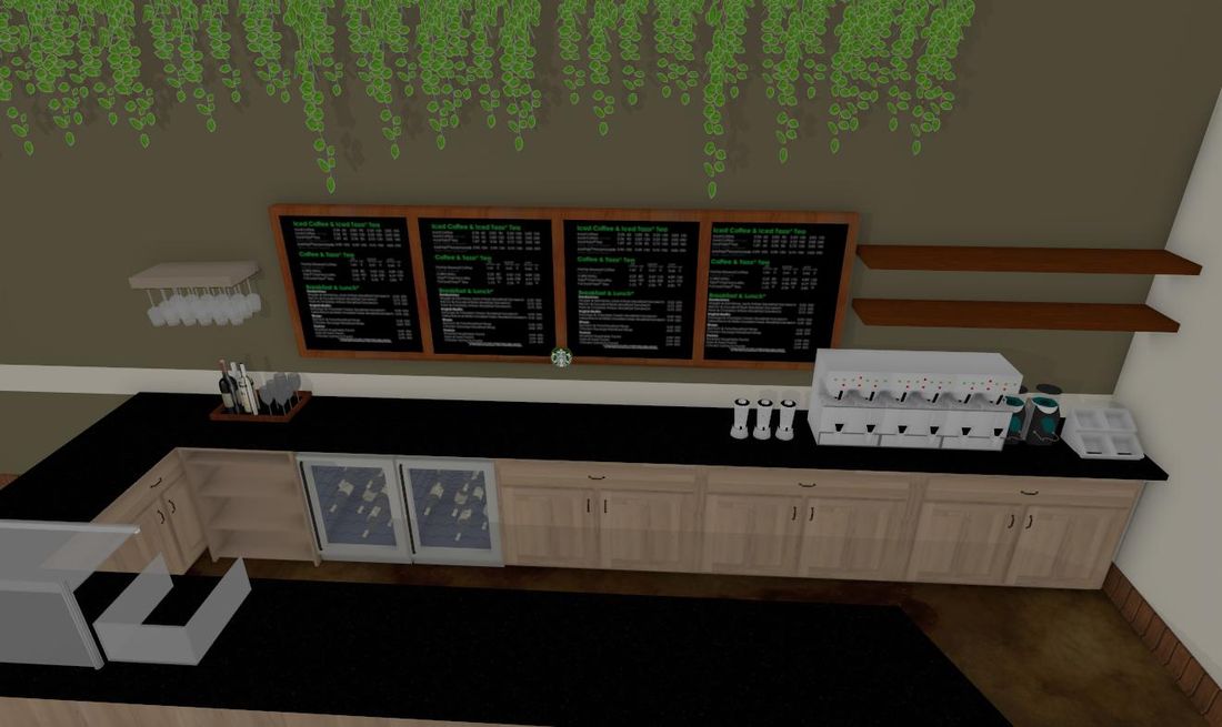 Behind the café counter