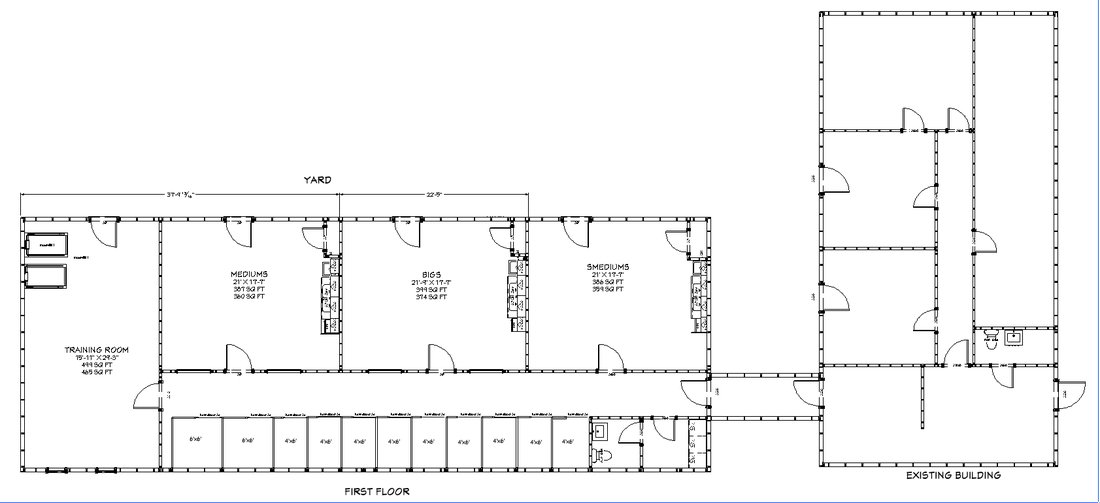 Architectural plan showing the new addition joined to the existing Dogville building